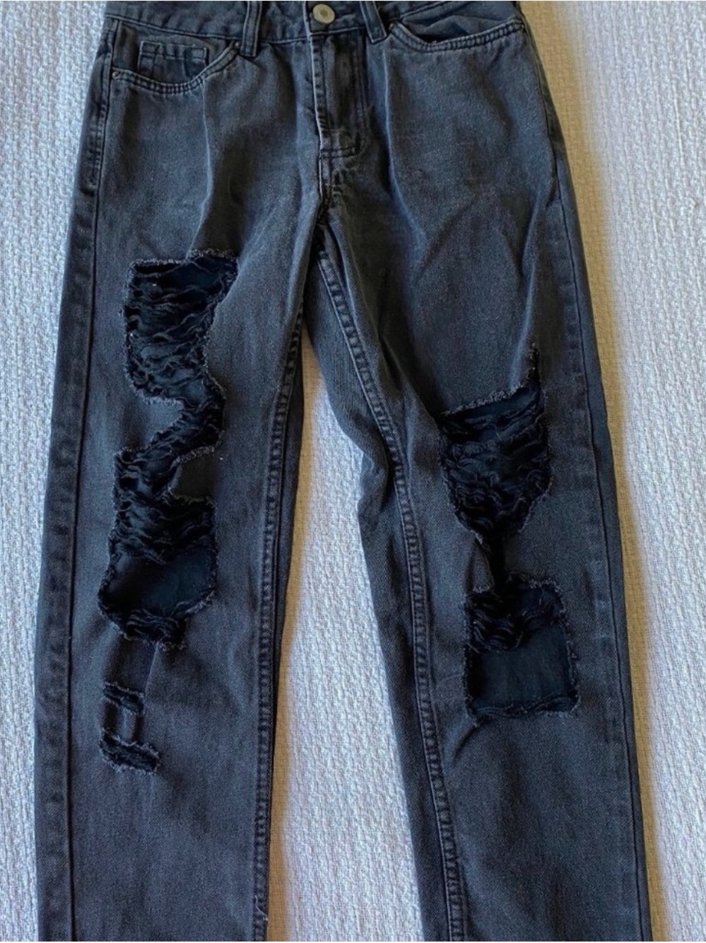 Washed Black Slim Straight Women's Jeans with Distressed Knees